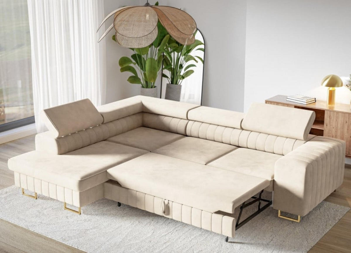 ECKSOFA Beige NOLA Matt Velvet Linke Seite Goldene Beine - Beige, Textil (274/203cm) - Sepro Meble
