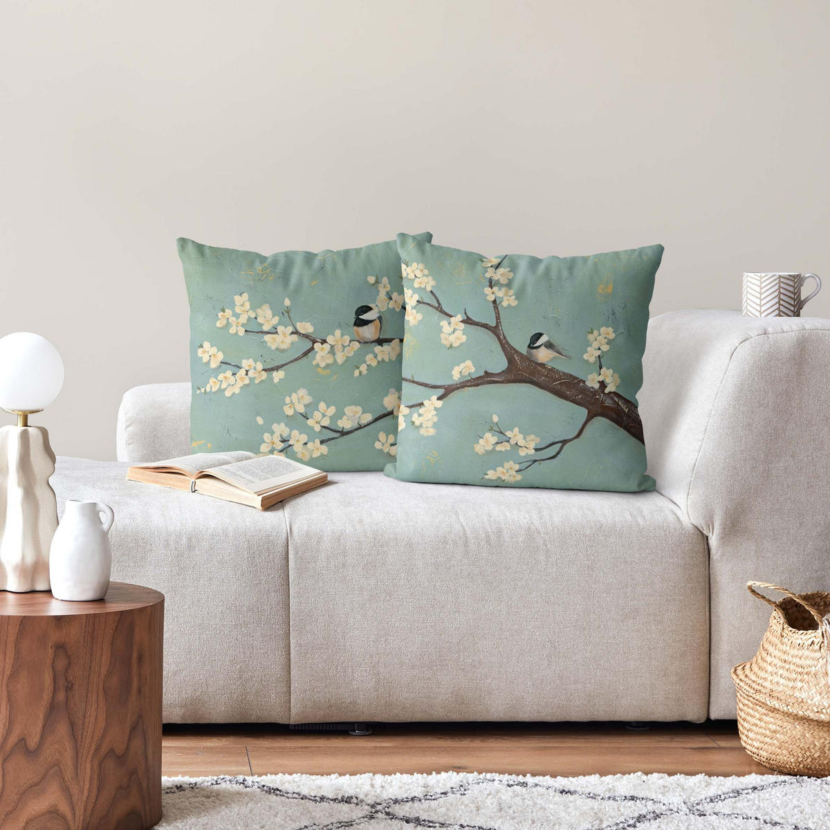 DEKOKISSEN 2er-Set Meise auf Kirschbaum Set I 50/50 cm - Grün, Textil (50/50cm) - Bilderwelten