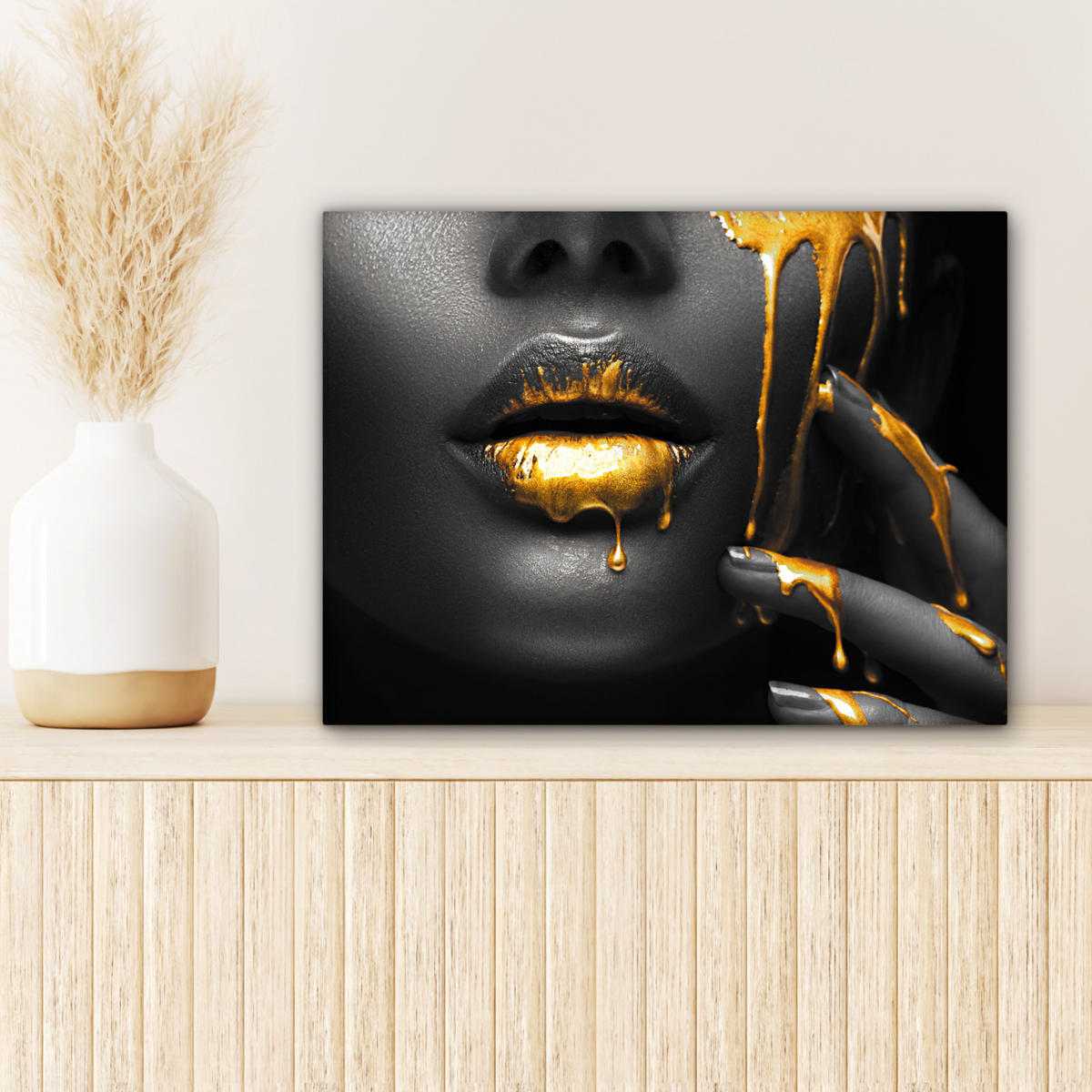 LEINWANDBILD Frau - Schwarz - Gold - Gesicht - Lippen 40x30 cm - Goldfarben, Textil (40/30cm) - MuchoWow