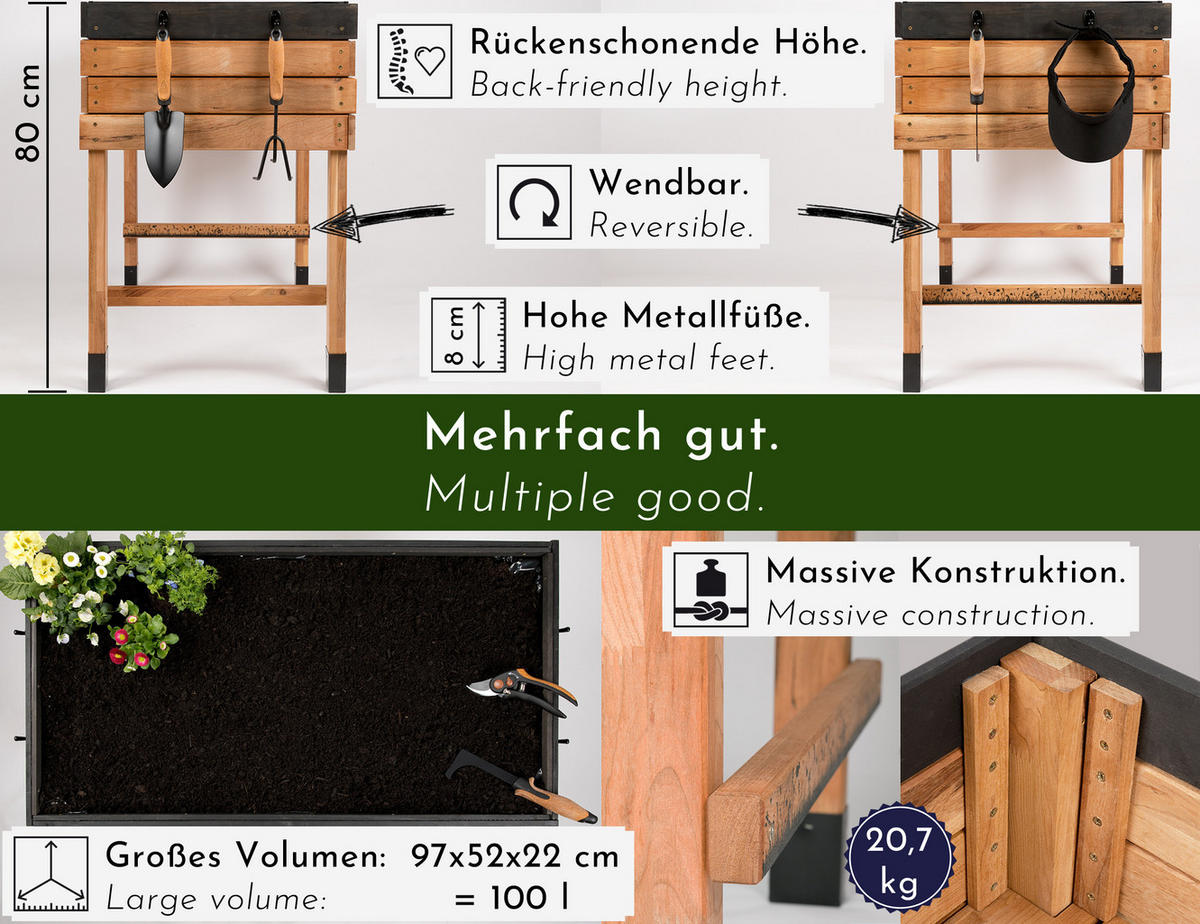 HOCHBEET aus Kirschbaum-Holz, rechteckig mit Vlies-Folie, für Garten & Balkon - Braun, Holz (100/80/55cm) - WONDERMAKE