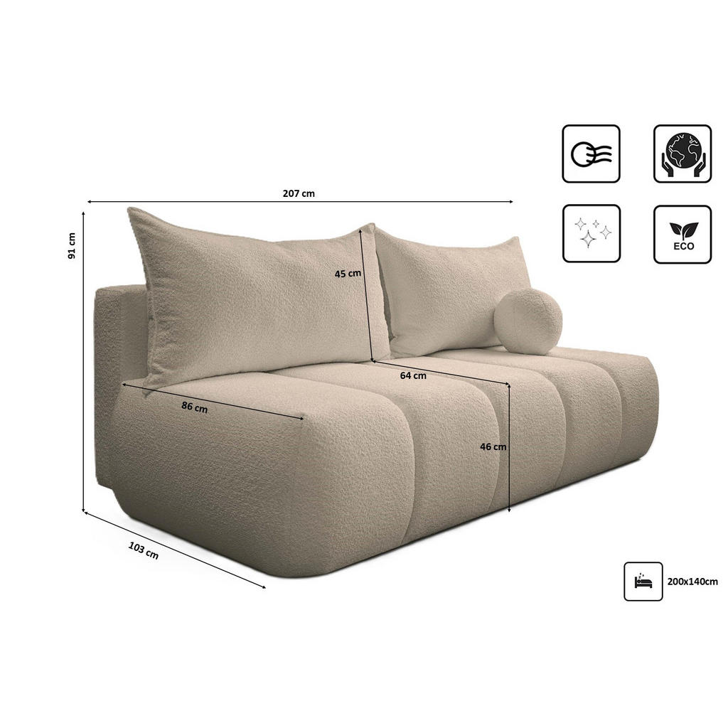 Thumbnail - Kaiser Möbel Schlafsofa, Beige, Holz, Rechteckig, 207x91x103 cm, Wohnzimmer, Sofas & Couches, Schlafsofas