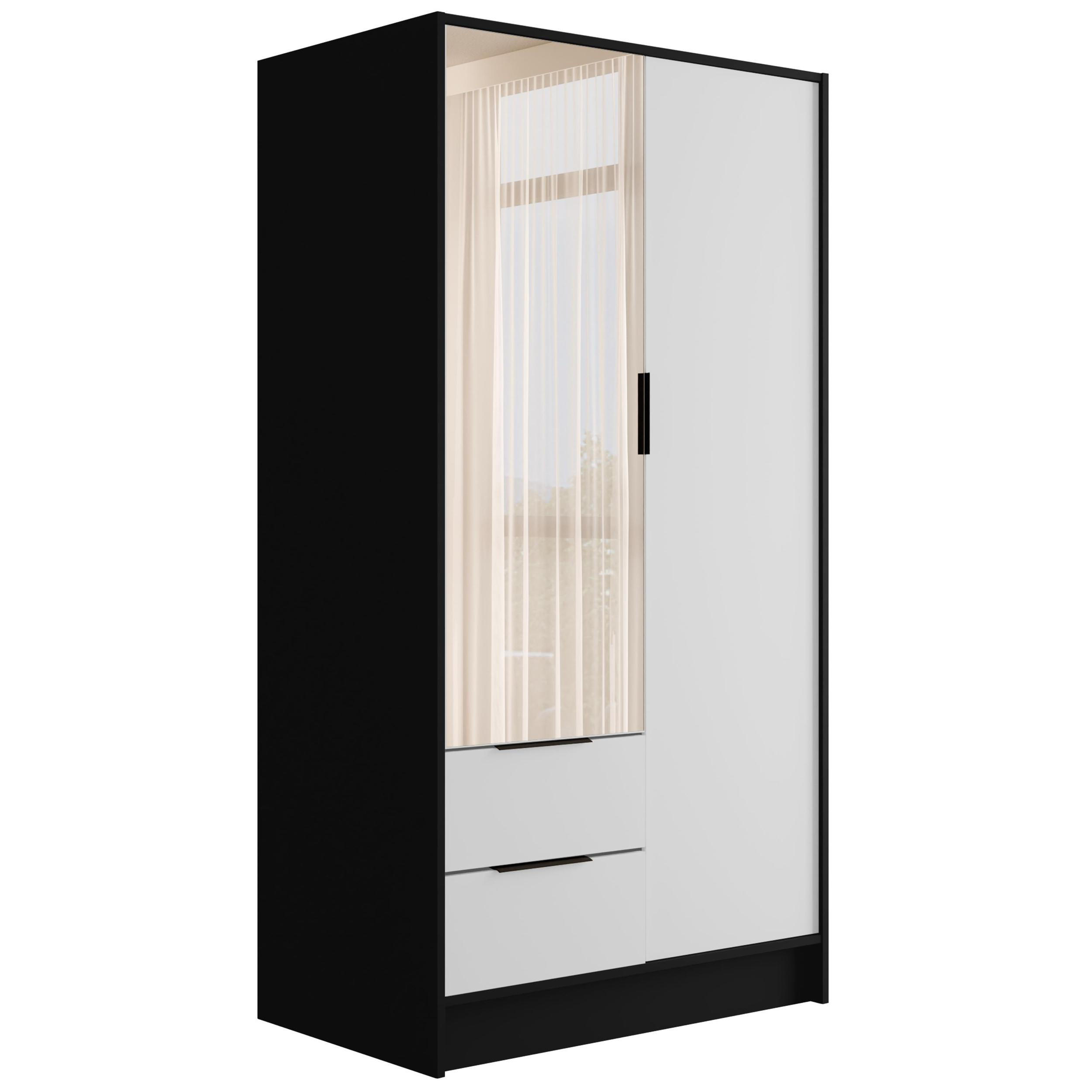 KLEIDERSCHRANK mit Spiegel und Flügeltüren KOLIN 100x200cm Schwarz / Weiß - Schwarz/Weiß, Holzwerkstoff (102/200/51cm) - ALTDECOR