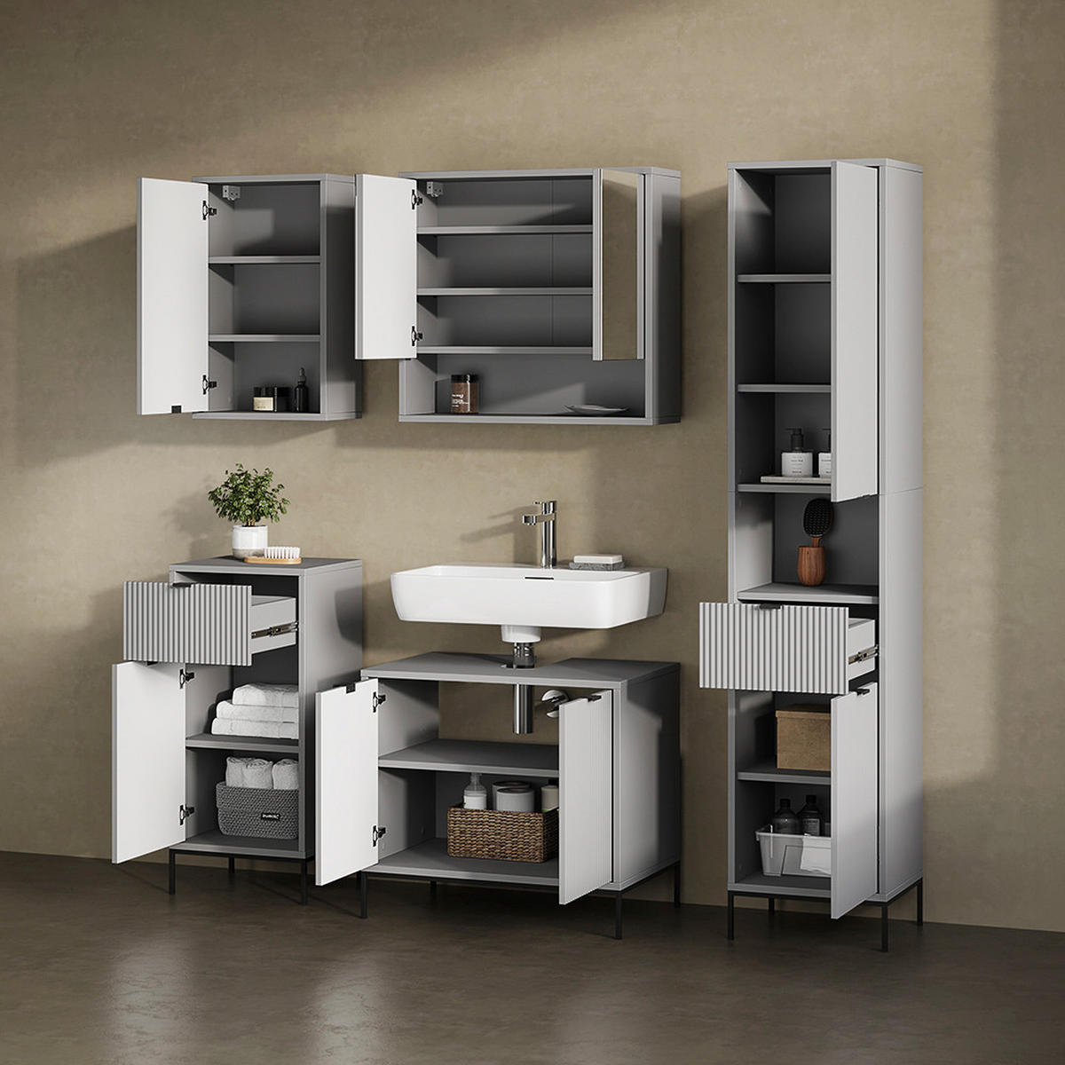 BADMÖBEL-SET ATERNO Grau 5 Teile - Grau, Holzwerkstoff (70/63/45cm) - Livinity®