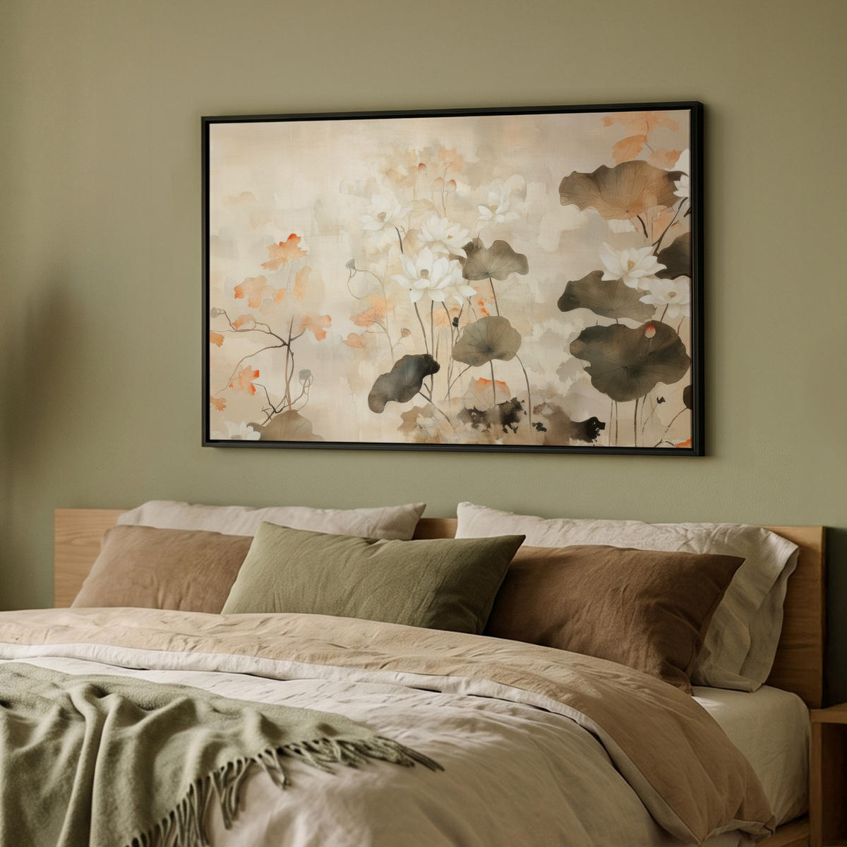 LEINWAND Bilder mit Rahmen - Blumen - Japandi - Wabi sabi - 90x60 - Sandfarben, Textil (90/60cm) - MuchoWow
