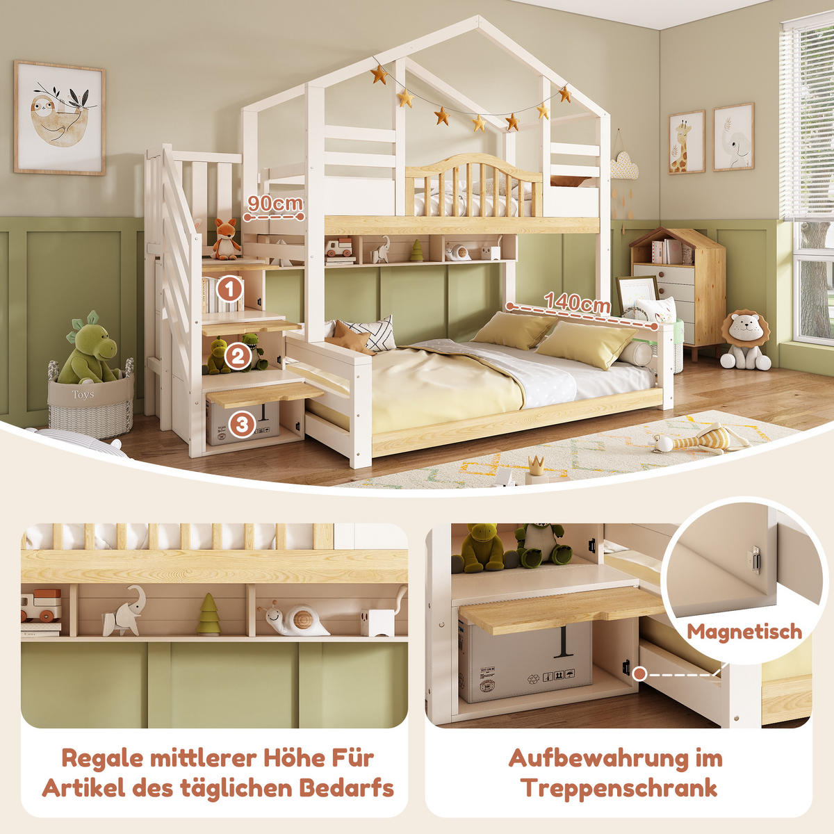 ETAGENBETT 90/200 cm & 140/200 cm in Weiß & Holzfarbe mit Treppenschrank und Regalen - Weiß, Holz/Holzwerkstoff (140/200cm) - WISHDOR