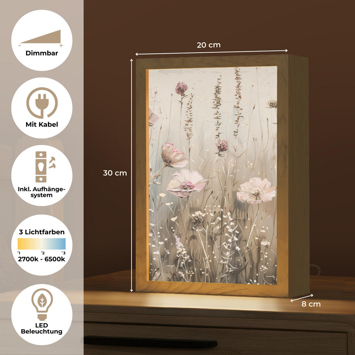 NÁSTĚNNÁ LAMPA Květiny - růžová - moderní - béžová 20x30 cm - starorůžová, kompozitní dřevo (20/30/8cm) - OnlyWow