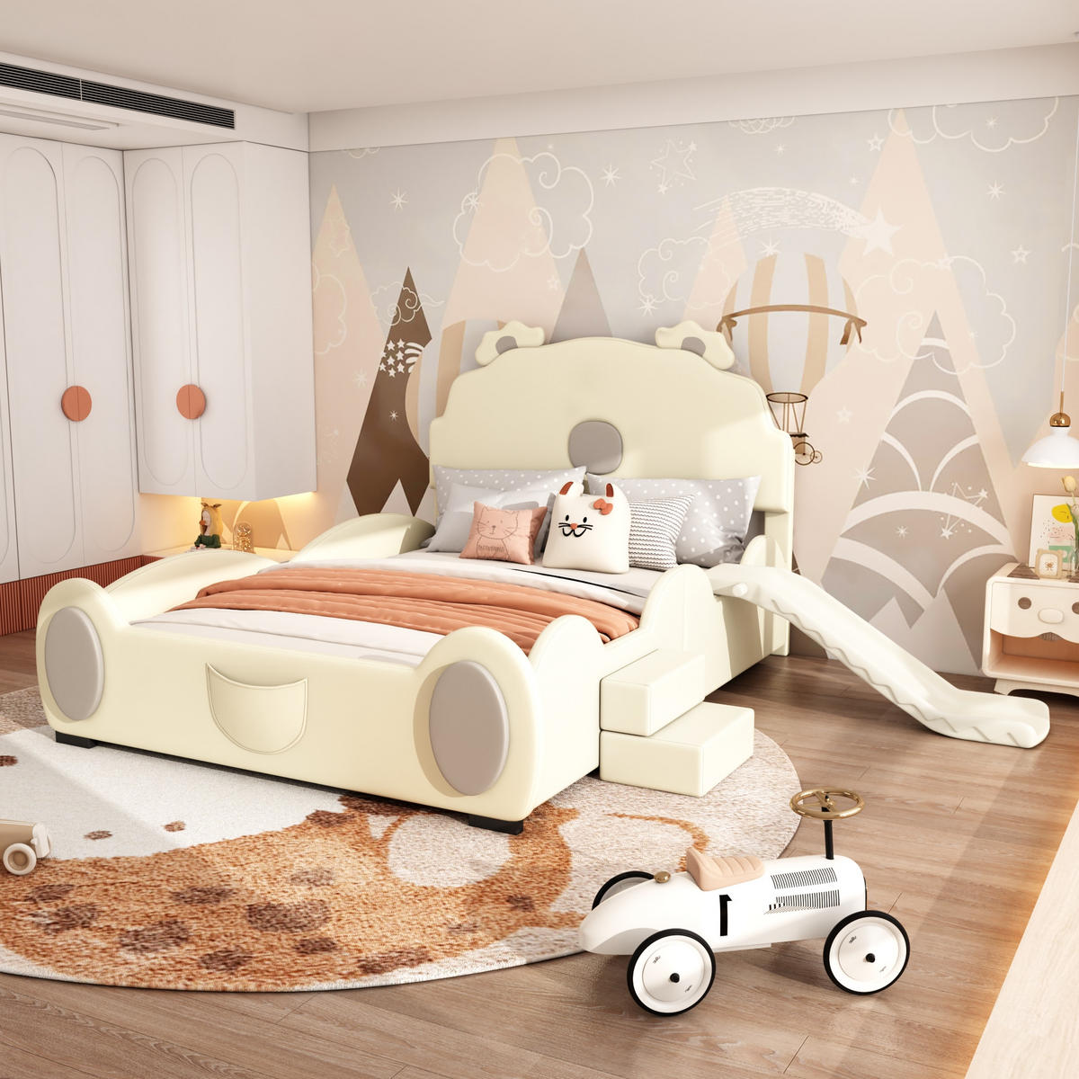 KINDERBETT 140x200cm Beige Cartoon Bärenbett mit Rutsche und Leiter - Beige, Holz (140/200cm) - FLIEKS