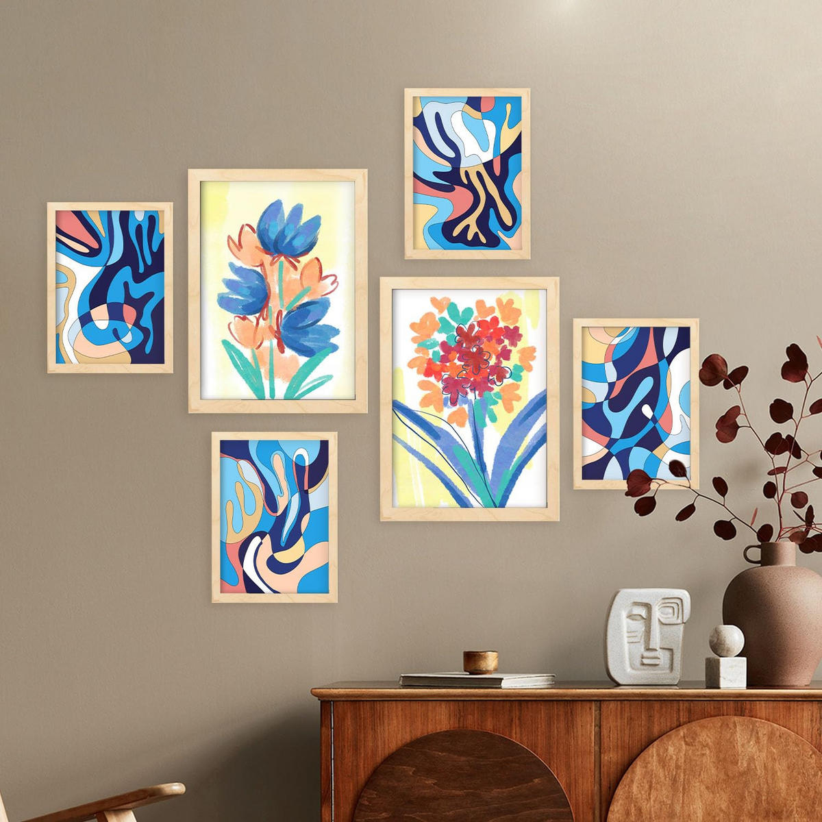 POSTER Set Mit 6 Flora Vein Abstrakte Blumenmuster Größe A3 & A4 Rahmen aus hellem Holz - Beige, Papier (29.7/1cm) - Nacnic