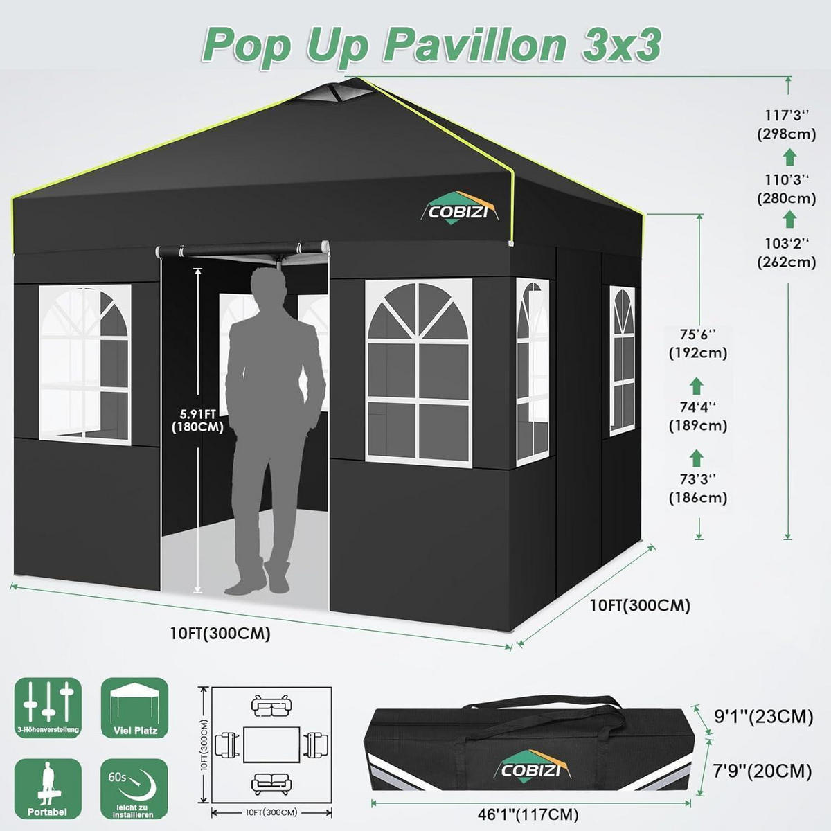 FALTPAVILLON 3x3m mit Seitenwänden wasserdicht UV-Schutz 3 Höhen verstellbar Schwarz - Schwarz, Textil (300/298.2/300cm)