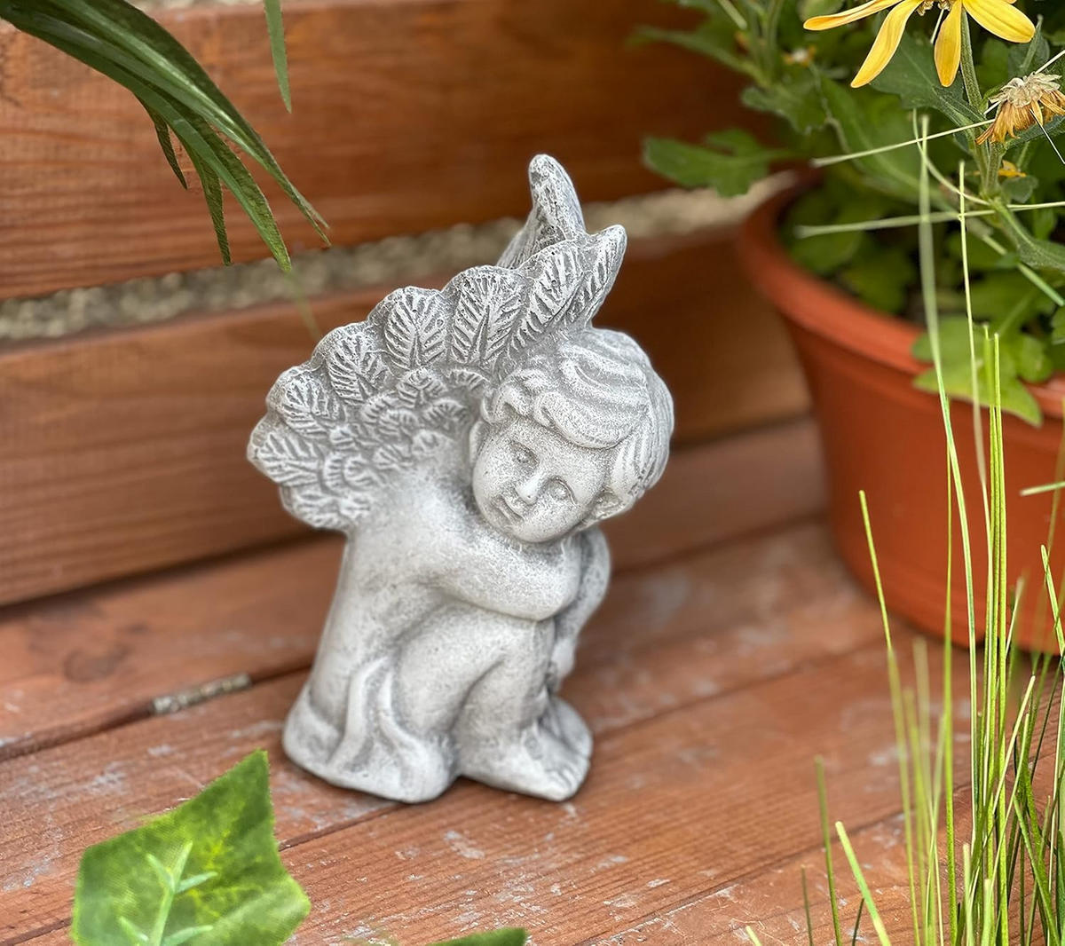 STEINFIGUR Engel sitzend mit Flügeln frostfest Steinguss - Grau, Stein (8/15/7cm) - stoneandstyle
