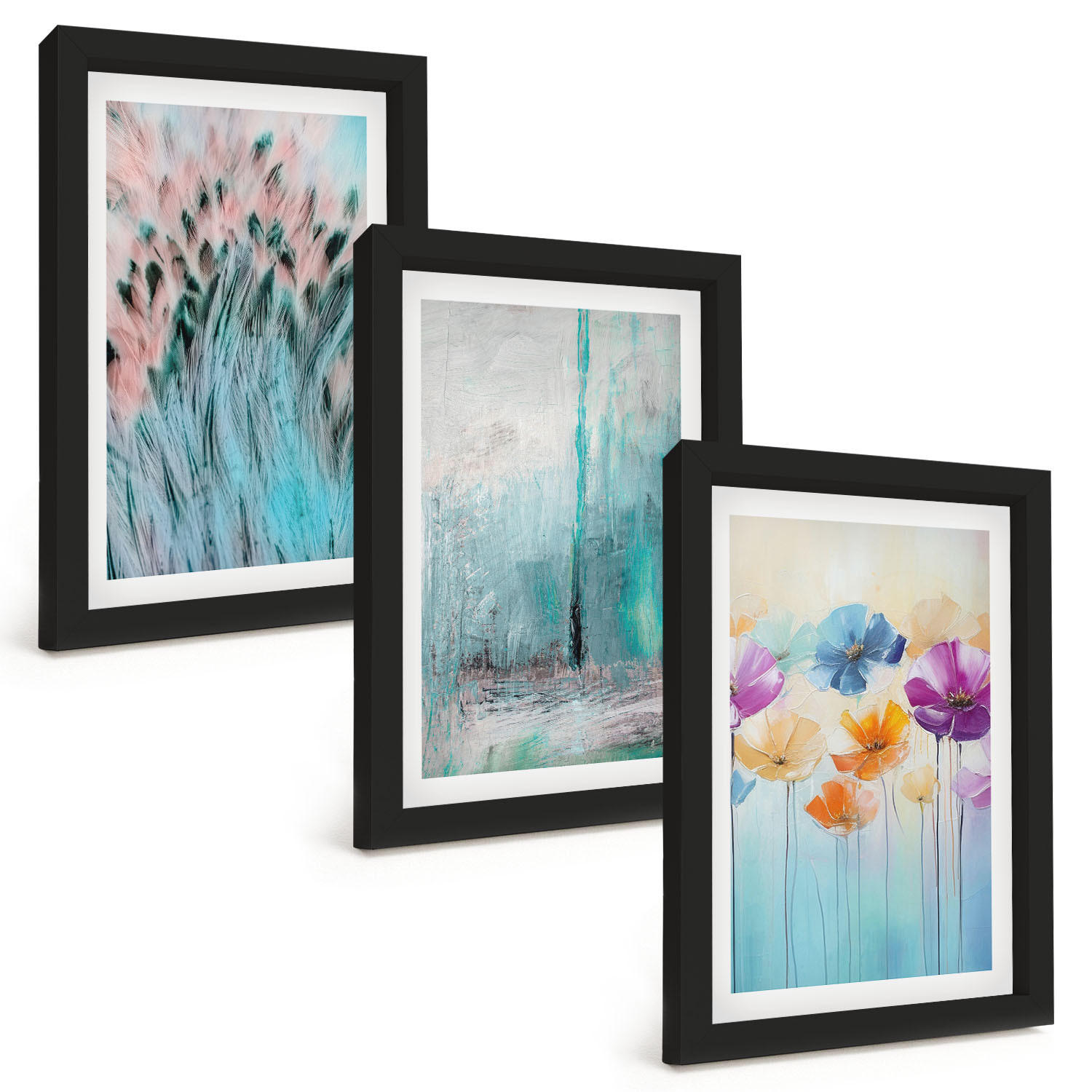 BILDER SET 3er Set - 20x30 cm Schwarzer Rahmen - Hintergrundmuster mit Pastellblumen - Schwarz, Kunststoff (20/30cm) - TULUP