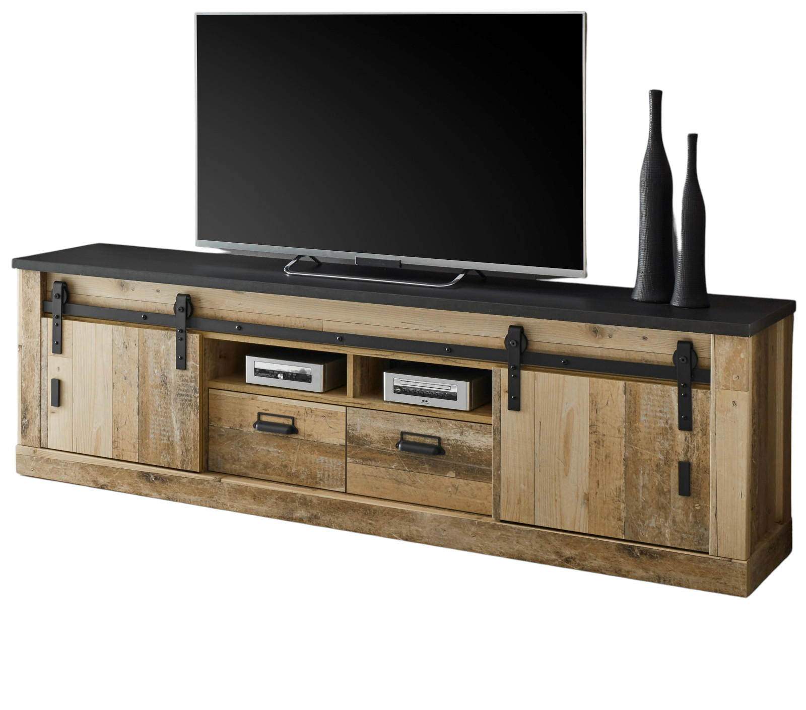 TV-LOWBOARD Used Wood hell, anthrazit 201 x 61 cm, TV Unterteil in Komforthöhe - Anthrazit/Schwarz, Holzwerkstoff/Metall (201/61/63cm) - Furn.Design