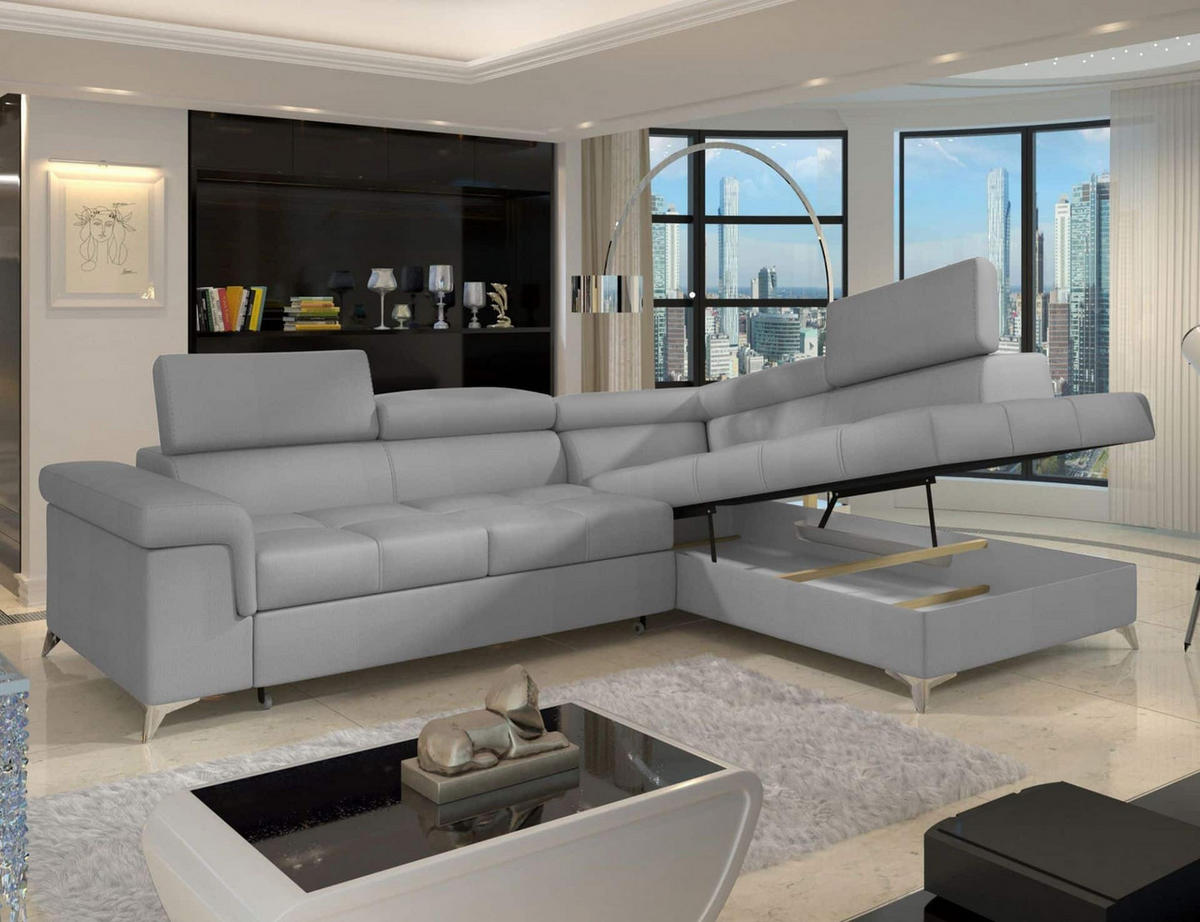 ECKSOFA mit Schlaffunktion und Bettkasten, pflegeleichter Monolith-Stoff - Chromfarben/Grau, Textil/Metall (202/275cm) - Eltap