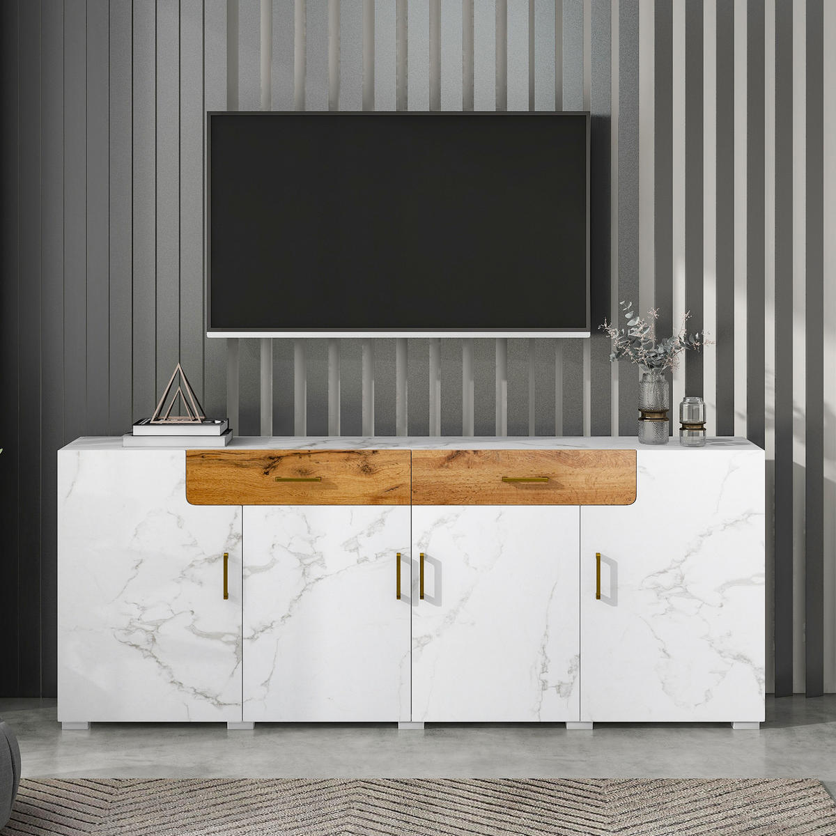 SIDEBOARD in Weiß Küchenschrank mit 4 Türen und 2 Schubkästen für Küchen und Wohnzimmer, B208/T39.5/H80cm - Braun/Weiß, Holz/Holzwerkstoff (208/80/39.5cm) - STILVORA