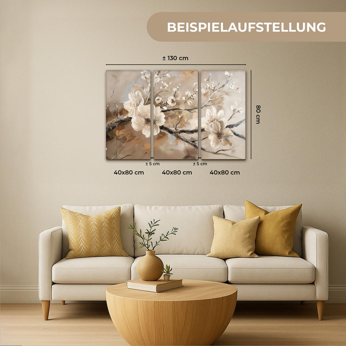 LEINWANDBILD 3er Set Blüte - Beige - Abstrakt - Blumen 120x80 cm - Hellbraun, Textil (120/80cm) - MuchoWow