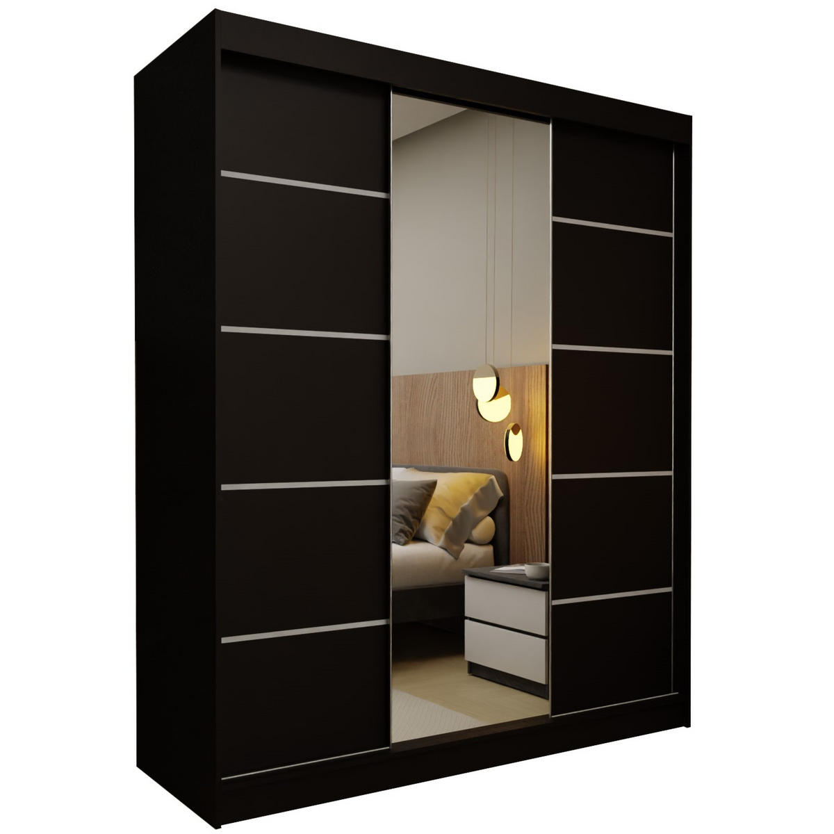 SCHWEBETÜRENSCHRANK MIRELLA 180/216/61 cm 3-türig mit Spiegel Schwarz - Schwarz, Holzwerkstoff (180/216/61cm) - MASSENO