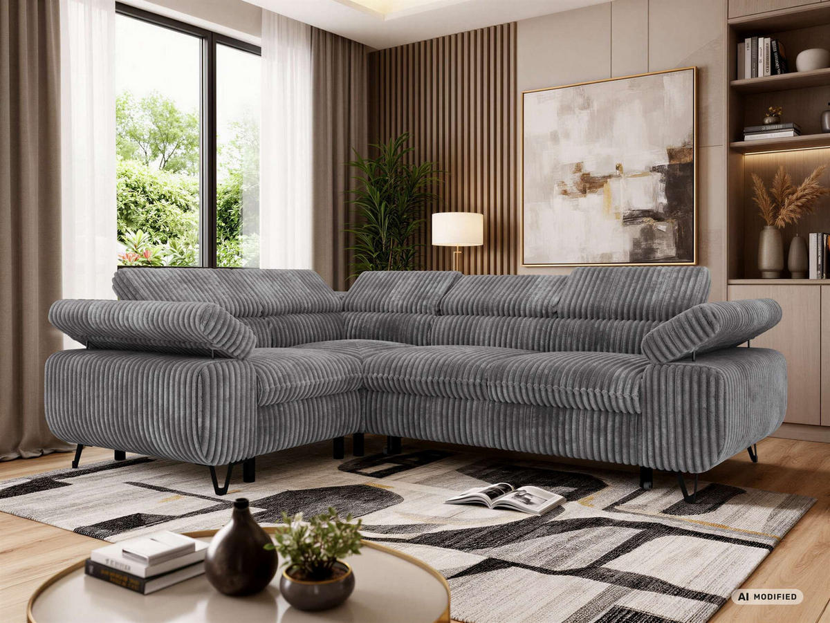 ECKSOFA FALCO L - Grau Cord - Links Seite - Schwarz/Grau, Textil/Metall (197/268cm) - MKS