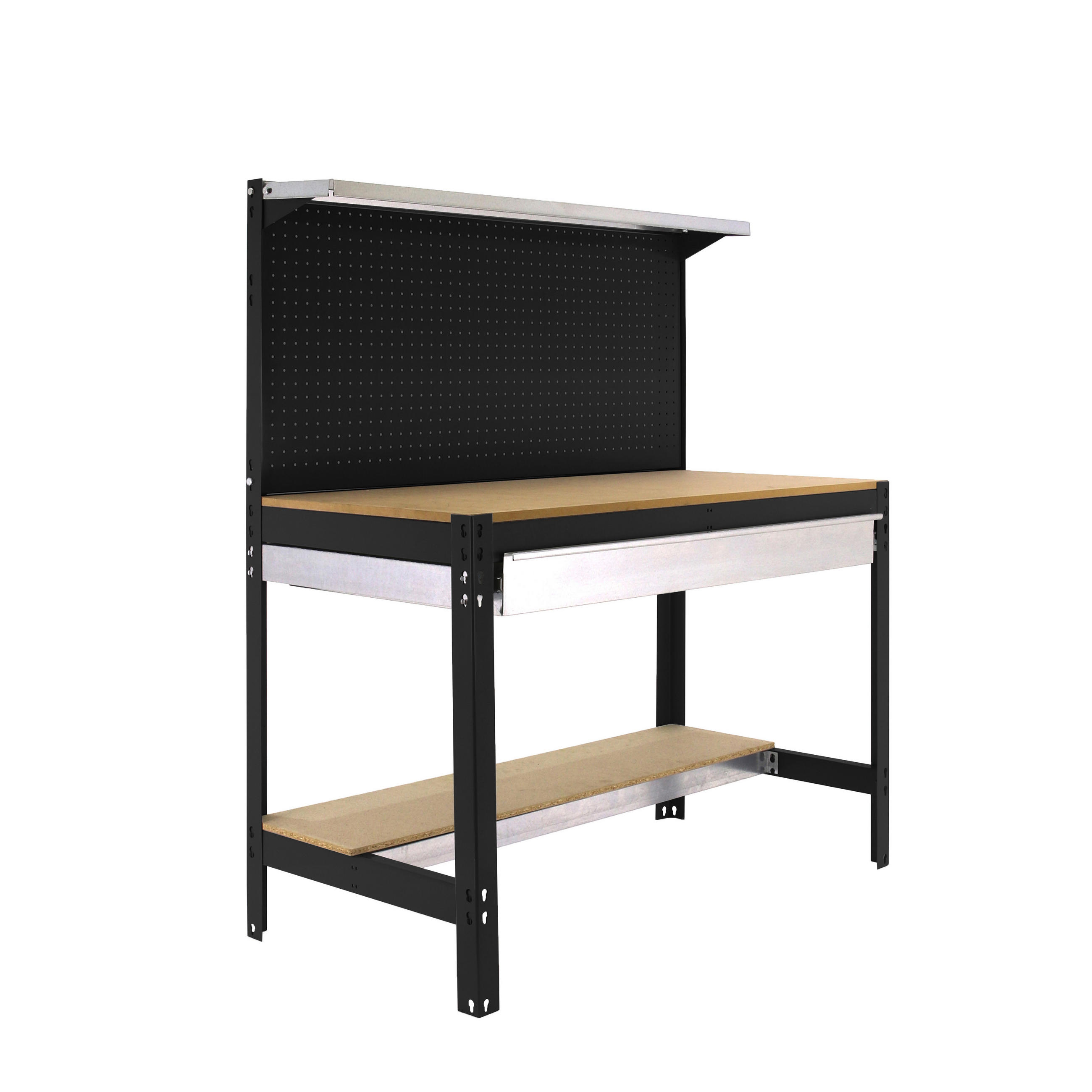 WERKBANK BUFFALO mit Werkzeugwand, Schubfach und Ablage | HxBxT 84x150x61cm | Traglast 600kg | Anthrazit - Anthrazit, Metall (150/84/61cm) - PROREGAL