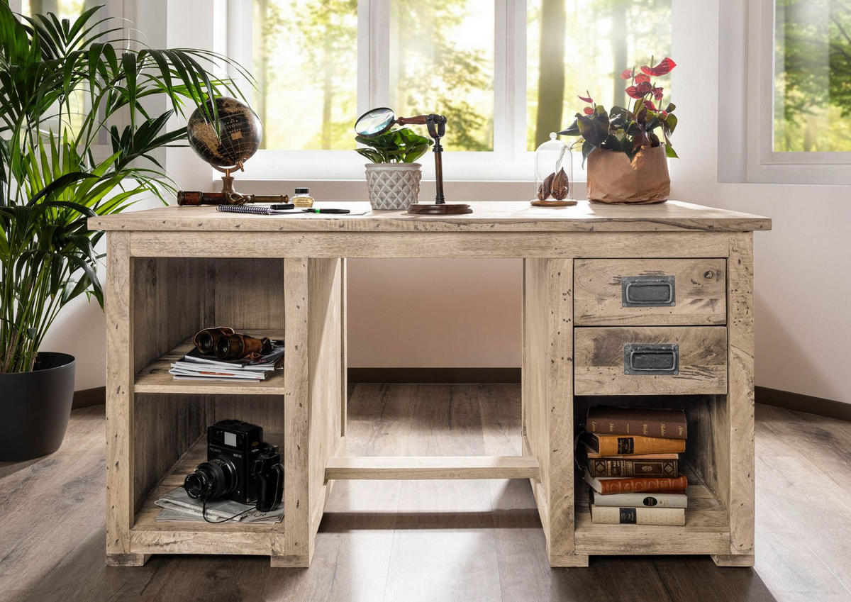 SCHREIBTISCH Mango 140x80x76 whitewash lackiert RAILWAY #361 - Beige, Holz (80/140/76cm) - Massivmoebel24