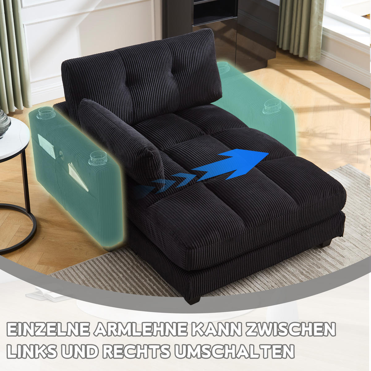 RÉCAMIERE Cord Schwarz mit Getränkehaltern, USB und Seitentasche - Schwarz, Holzwerkstoff/Kunststoff (140/81/121cm) - WISHDOR