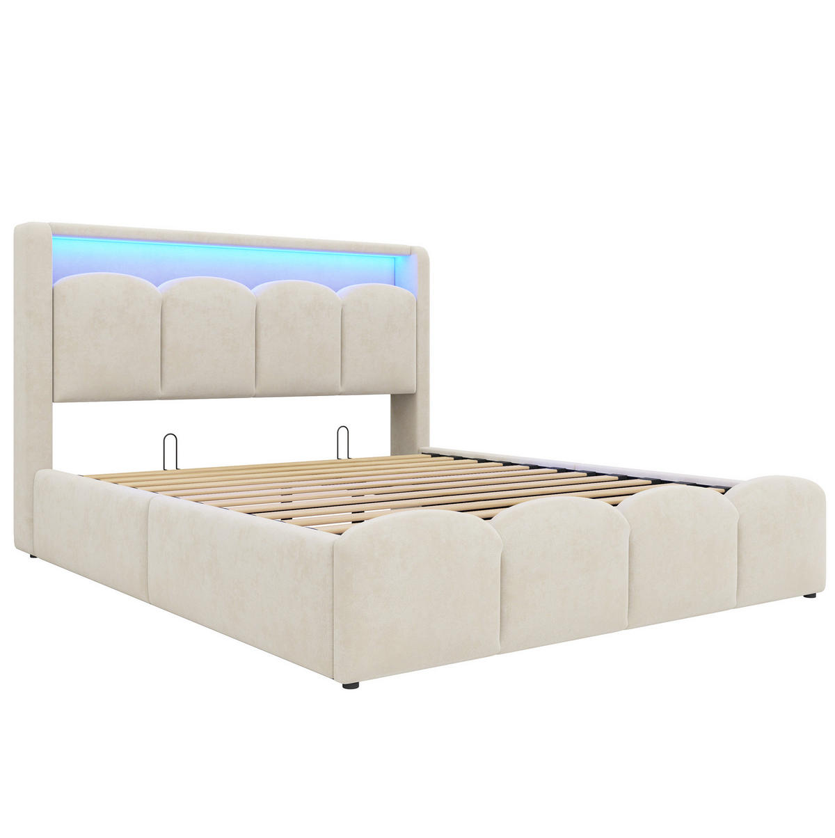 ČALOUNĚNÁ postel 140/200 cm s LED osvětlením, USB-C, USB a hydraulickým úložným prostorem, Béžová - béžová, textil (140/200cm) - Redom