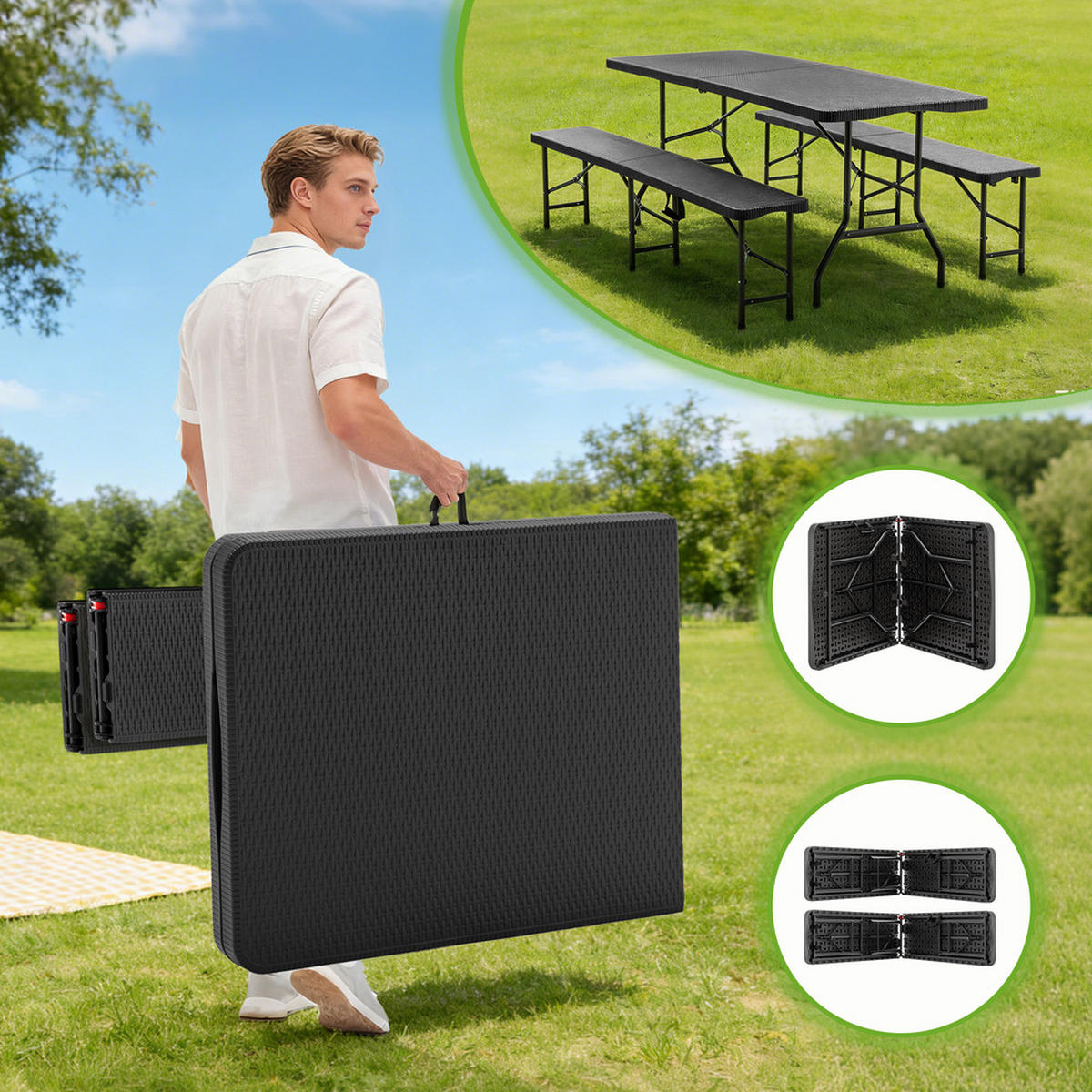CAMPINGTISCH Set Picknicktisch mit Bänken faltbar wetterfest für Gartenparty - Schwarz, Kunststoff - Raelunyi