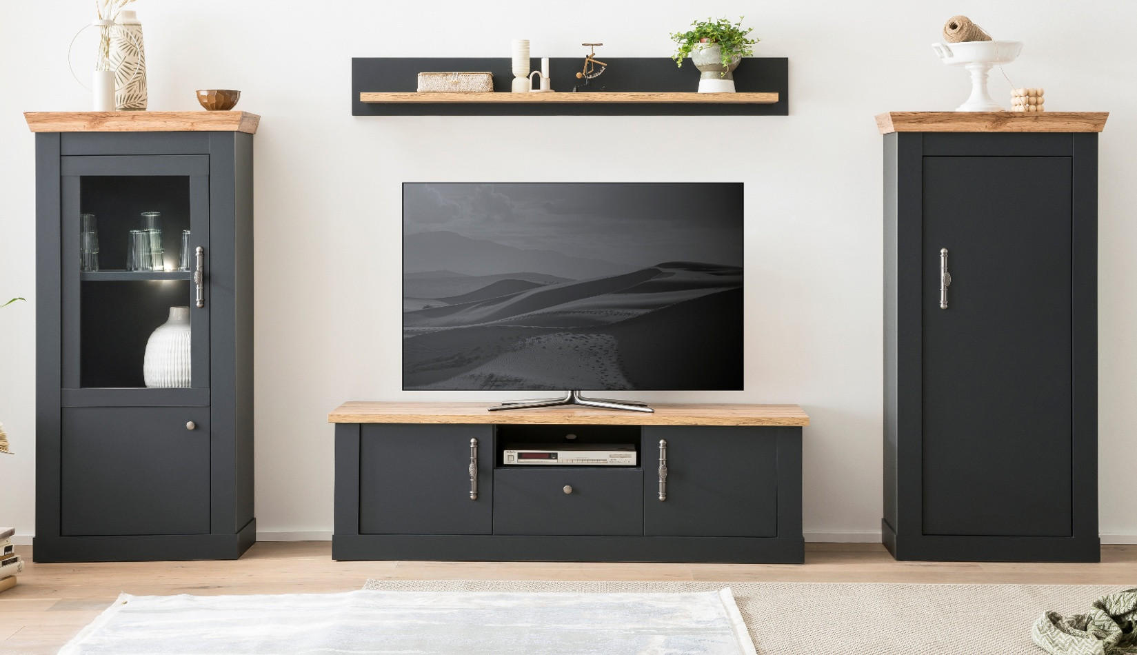 WOHNWAND 4-teilig grau, Eiche Wotan, Landhaus 322 x 170 cm, Wohnkombination mit Soft-Close - Silberfarben/Eiche Wotan, Glas/Holzwerkstoff (322/170/45cm) - Furn.Design