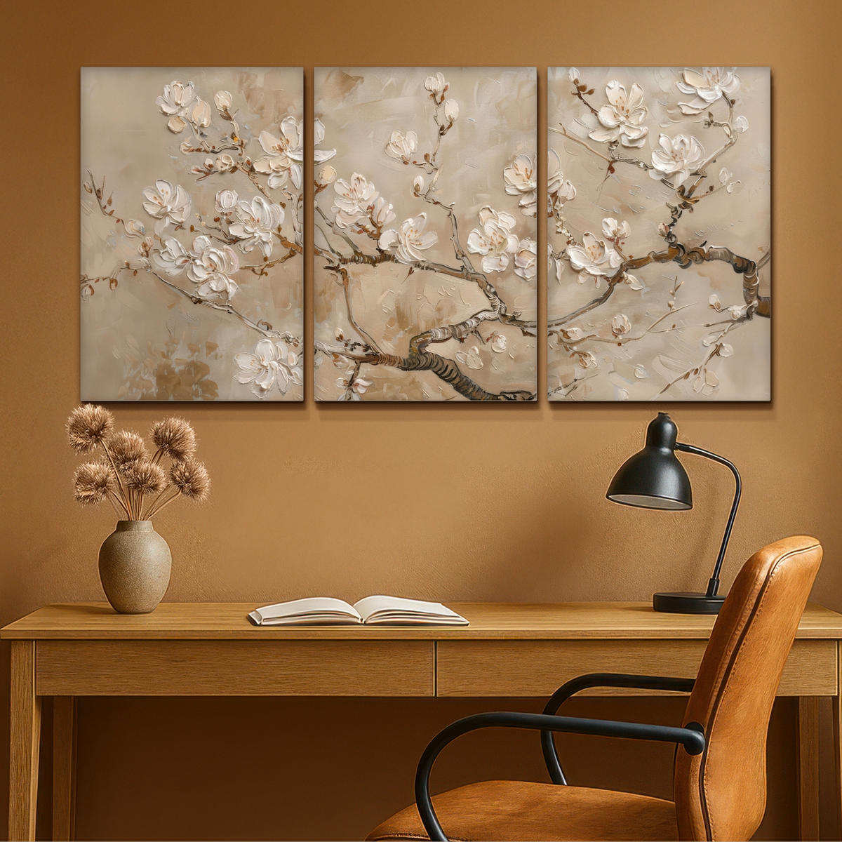 LEINWANDBILD 3er Set Beige - Blüte - Modern 120x60 cm - Greige, Textil (120/60cm) - MuchoWow
