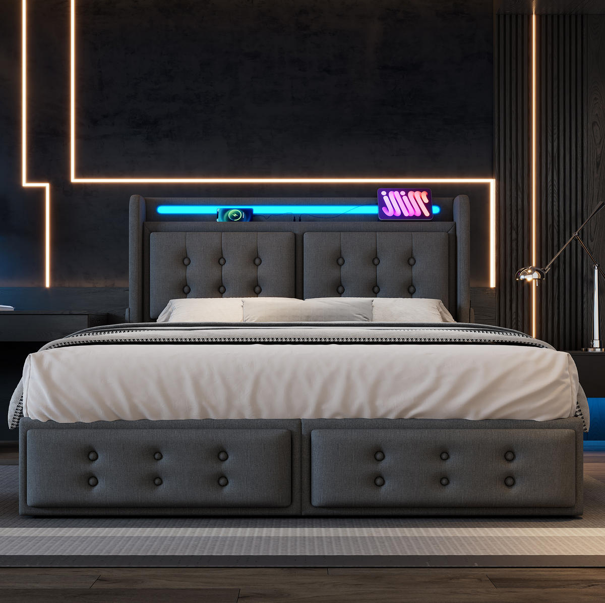 POLSTERBETT mit LED, USB und 4 Schubladen 160x200 cm Grau - Grau, Metall (160/200cm) - Meubliv