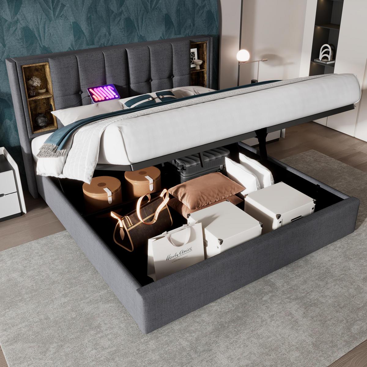 POLSTERBETT 180/200 cm Grau aus Baumwolle mit Stauraum und kabellosem Laden - Grau, Textil (180/200cm) - OKMYHOME