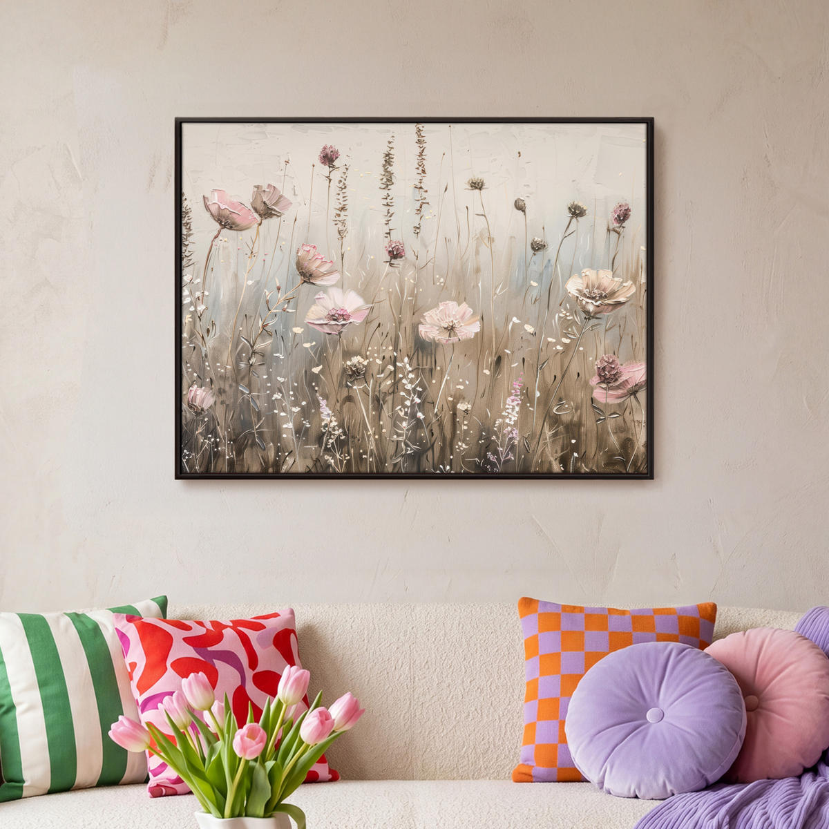 LEINWAND Bilder mit Rahmen - Blumen - Rosa - Modern - Beige - 70x50 - Beige, Textil (70/50cm) - MuchoWow