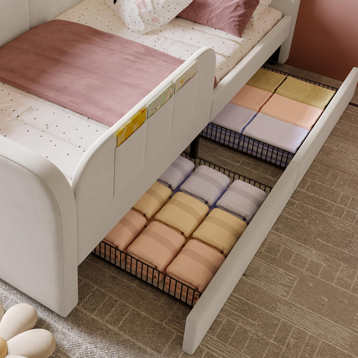 POLSTERBETT 90/200 cm Weiß mit Stauraum und erhöhtem Zaunbrett aus Samt - Weiß, Textil (90/200cm) - OKWISH