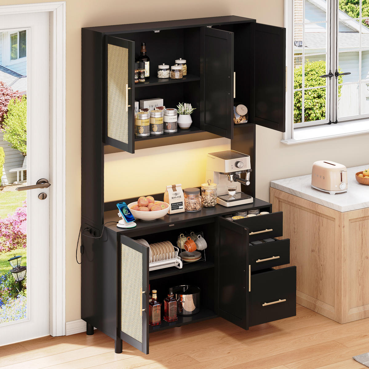 KÜCHENSCHRANK in Holz- und Rattanoptik mit LED Schwarz - Schwarz, Holzwerkstoff (40/183/100cm) - Urban Meuble