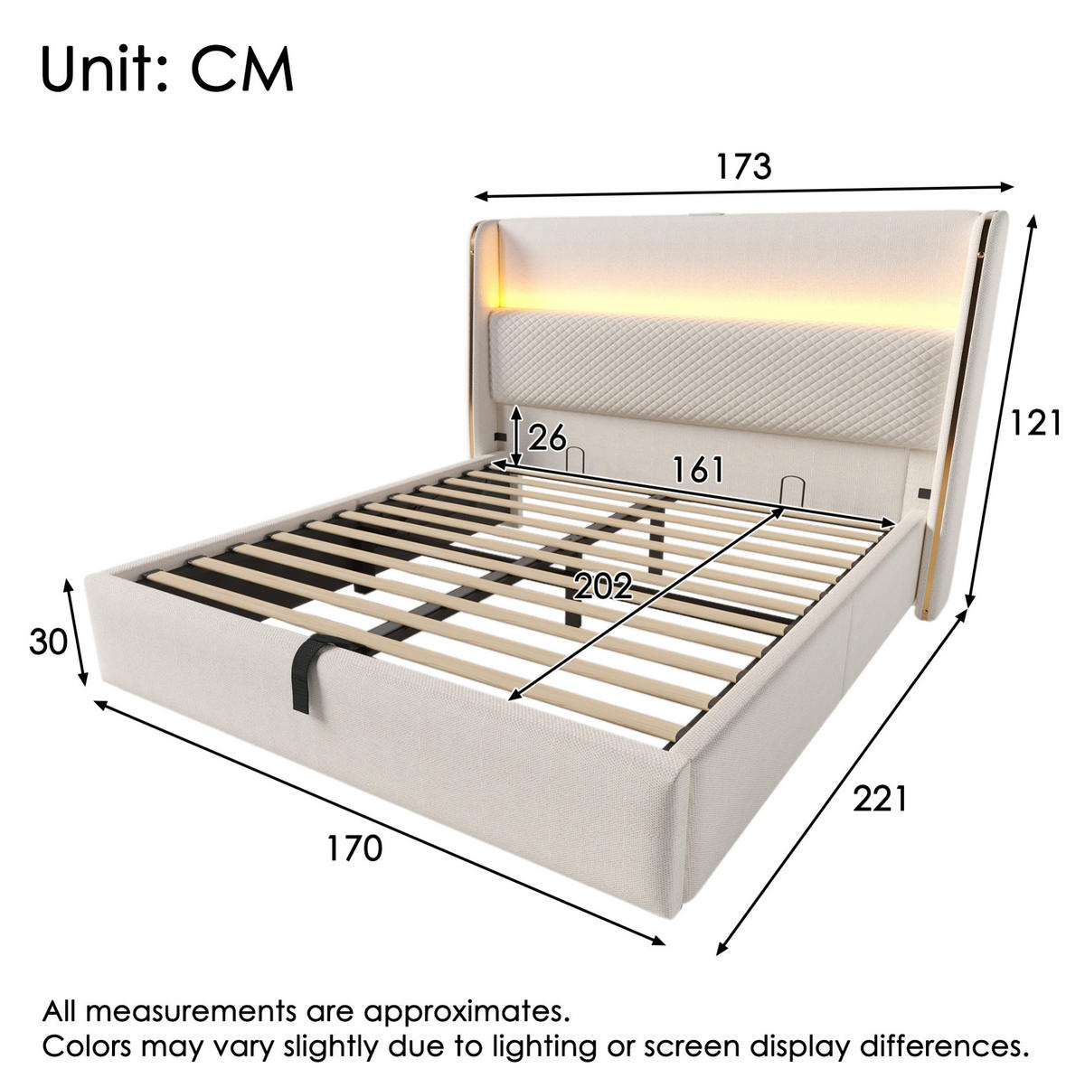 ČALOUNĚNÁ postel 160/200 cm s LED osvětlením, USB a USB-C, hydraulickým úložným prostorem a lněným vzhledem, Béžová - béžová, textil (160/200cm) - Redom