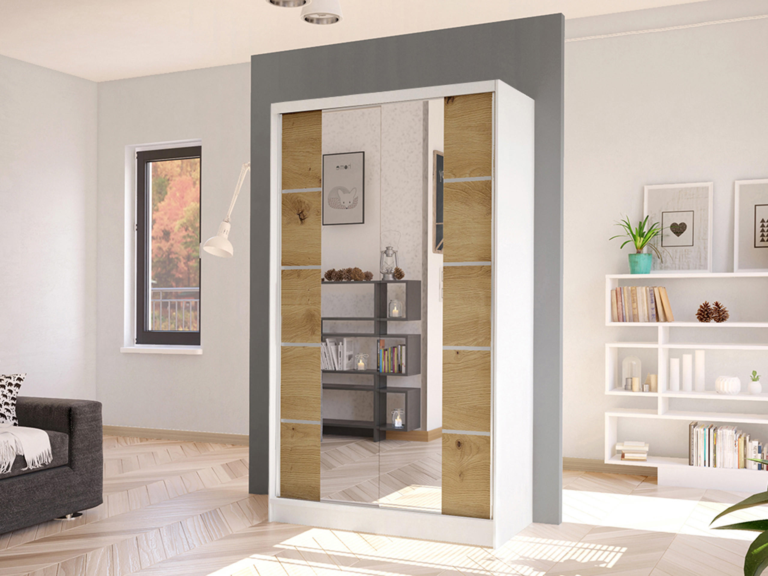 SCHWEBETÜRENSCHRANK Diego V - Weiß/Eiche Artisan, Holzwerkstoff/Metall (100/200/58cm) - MIRJAN24