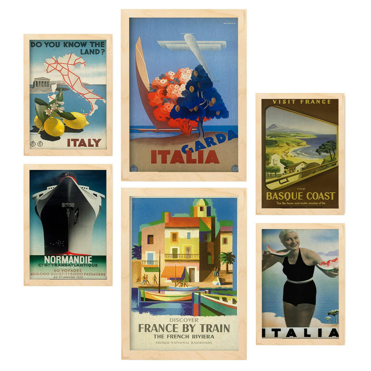 POSTER Set Mit 6 Mittelmeerländer Größe A3 & A4 Rahmen aus hellem Holz - Beige, Papier (29.7/1cm) - Nacnic