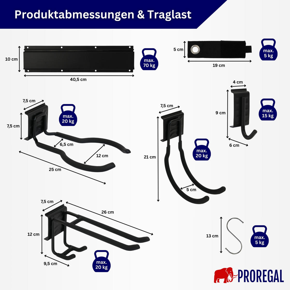 GARAGEN-WANDREGAL FORGE 24-teiliges Set Schwarz Haken Hochbelastbares Werkzeughaken für Garten, Garage - Schwarz, Metall (26/40.5/10cm) - PROREGAL