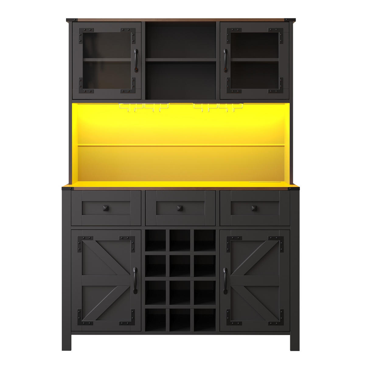 BUFFETSCHRANK 120/40/170 cm mit LED-Beleuchtung, Steckdosenleiste, USB und Weinregal aus MDF und Glas, Schwarz - Schwarz, Holzwerkstoff (120/170/40cm) - Redom