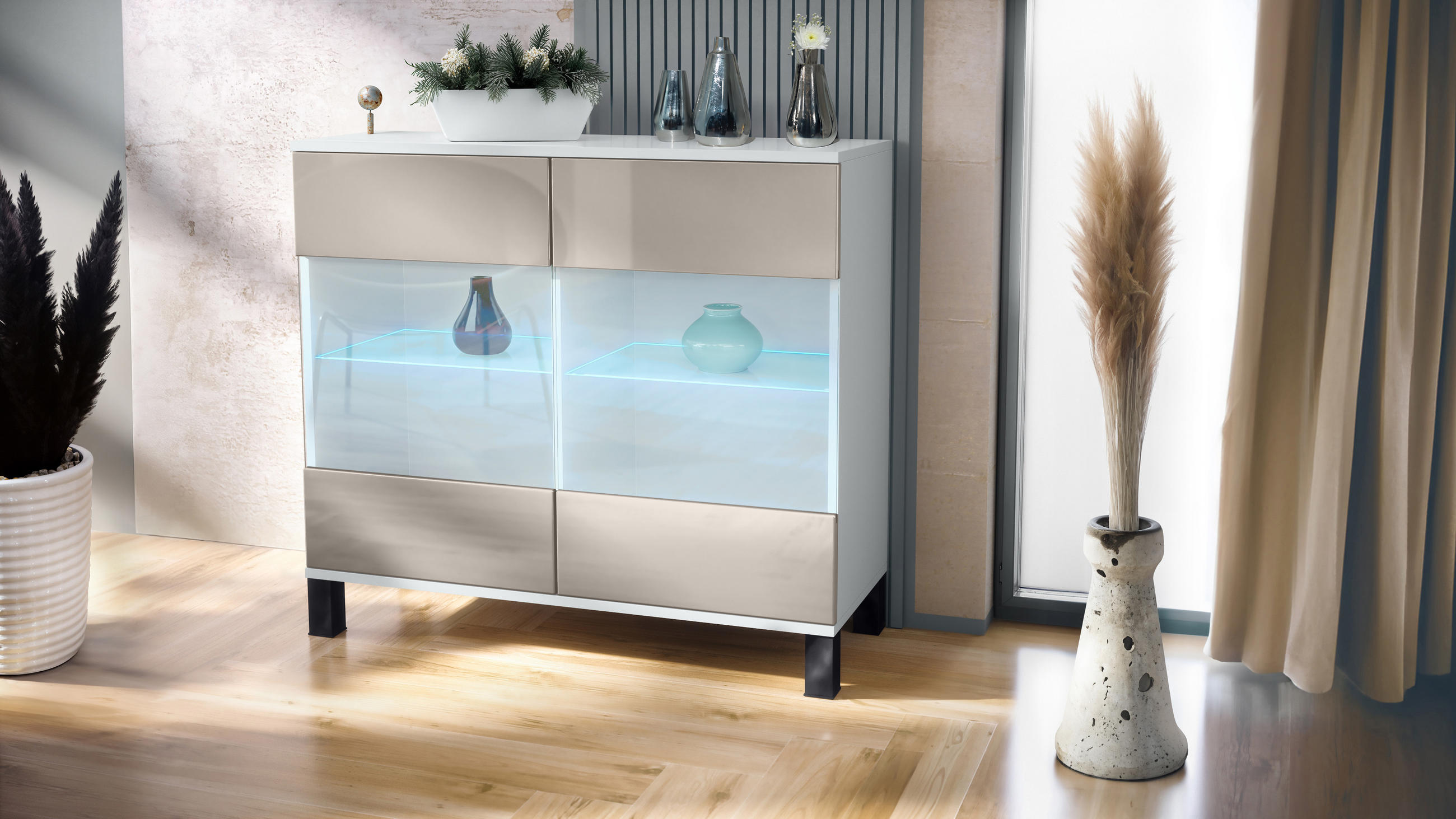 KOMMODE Bari Sandgrau Hochglanz - Sandfarben, Holzwerkstoff (92.5/84.5/35cm) - Vladon
