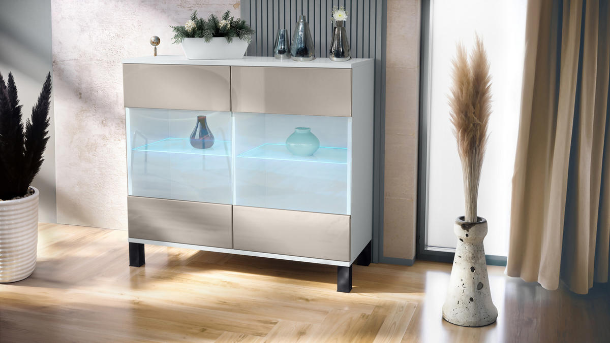 KOMMODE Bari Sandgrau Hochglanz - Sandfarben, Holzwerkstoff (92.5/84.5/35cm) - Vladon