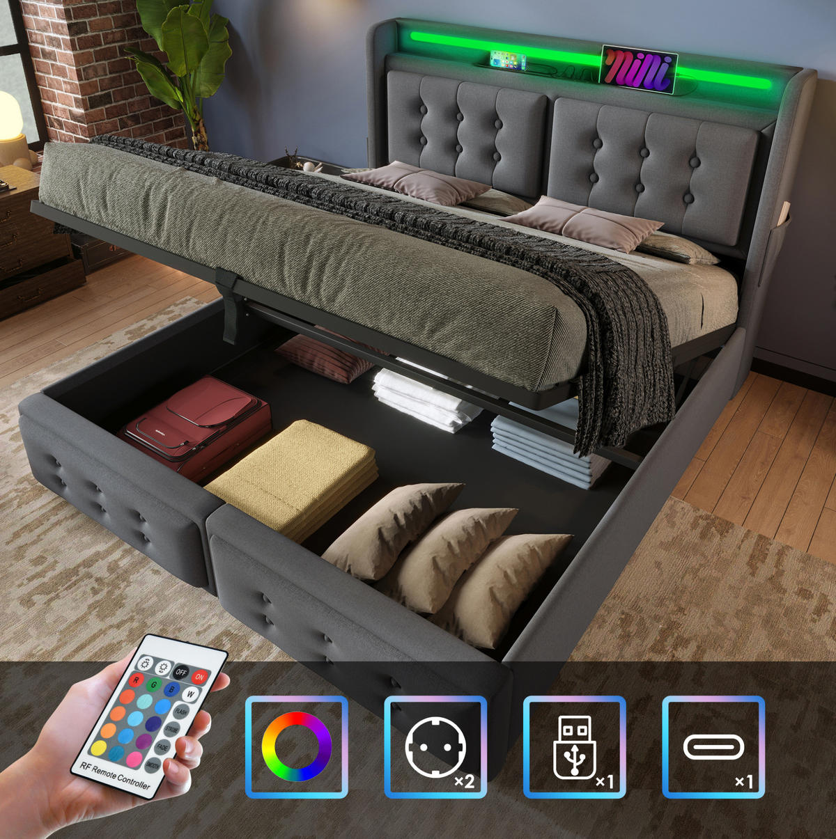 POLSTERBETT mit LED-Beleuchtung 180/200 cm mit Bettkasten, USB-C und Kopfteil - Grau, Textil (180/200cm) - BEAOK