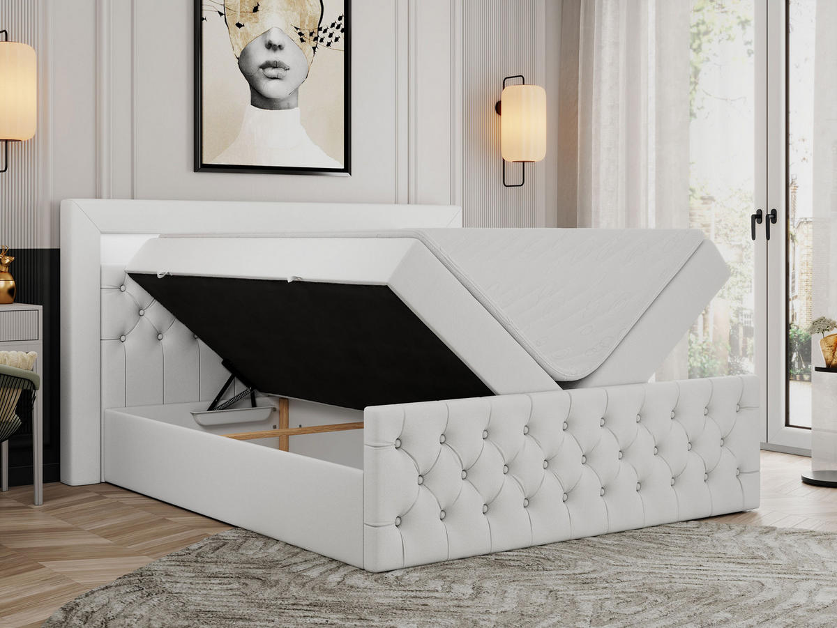 BOXBETT GOLD-9 LED 120/200 Weiß Kunstleder - H3 - Weiß, Holz/Textil (120/200cm) - MKS