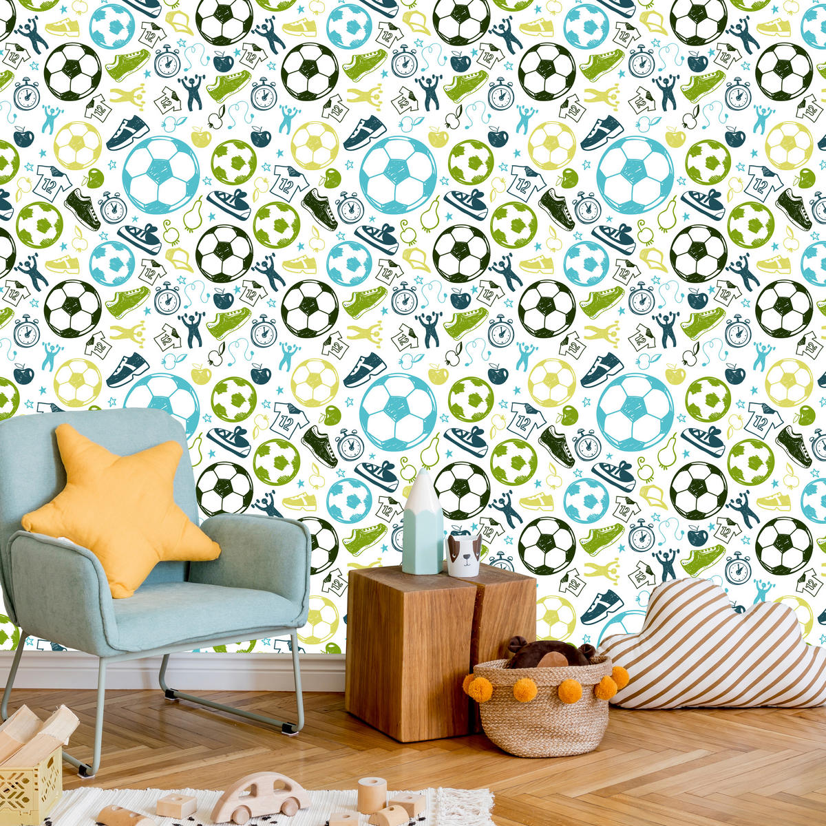 VLIESTAPETE Fußbälle im Comic-Stil – Blau, Grün, Weiß – 50x1000 cm - Blau/Weiß, Papier (50/1000cm) - Muralo
