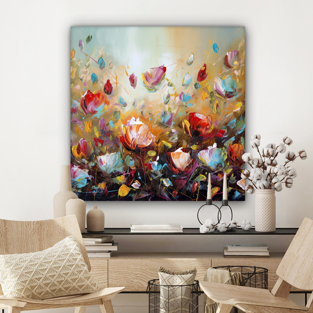 LEINWANDBILD Blumen - Kunst - Natur - Ölgemälde Deko Groß 90x90 cm - Multicolor, Textil (90/90cm) - MuchoWow