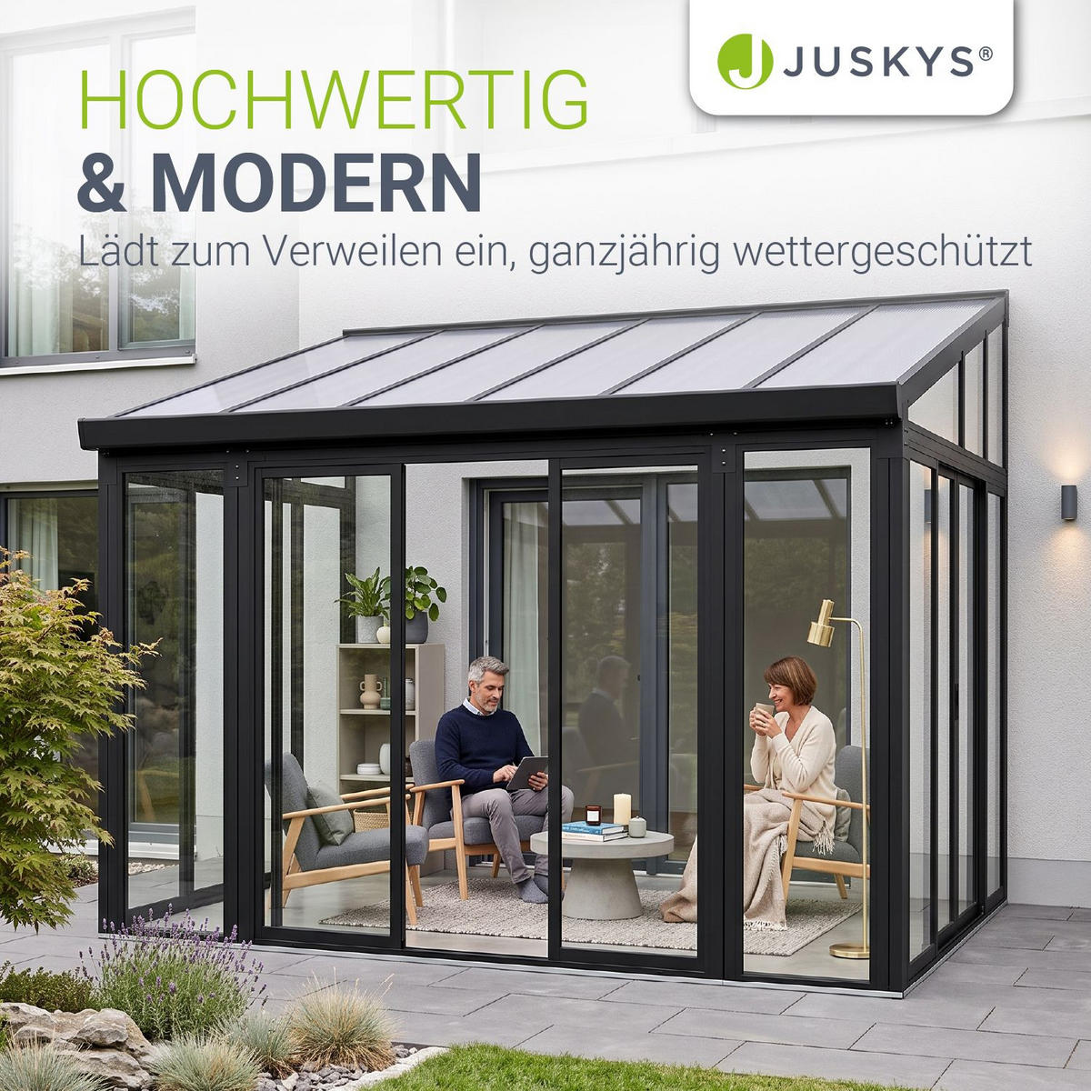 WINTERGARTEN 292 x 428 x 312 cm dunkelgrau mit verschließbaren Schiebetüren - Dunkelgrau, Metall (428/312/292cm) - Juskys