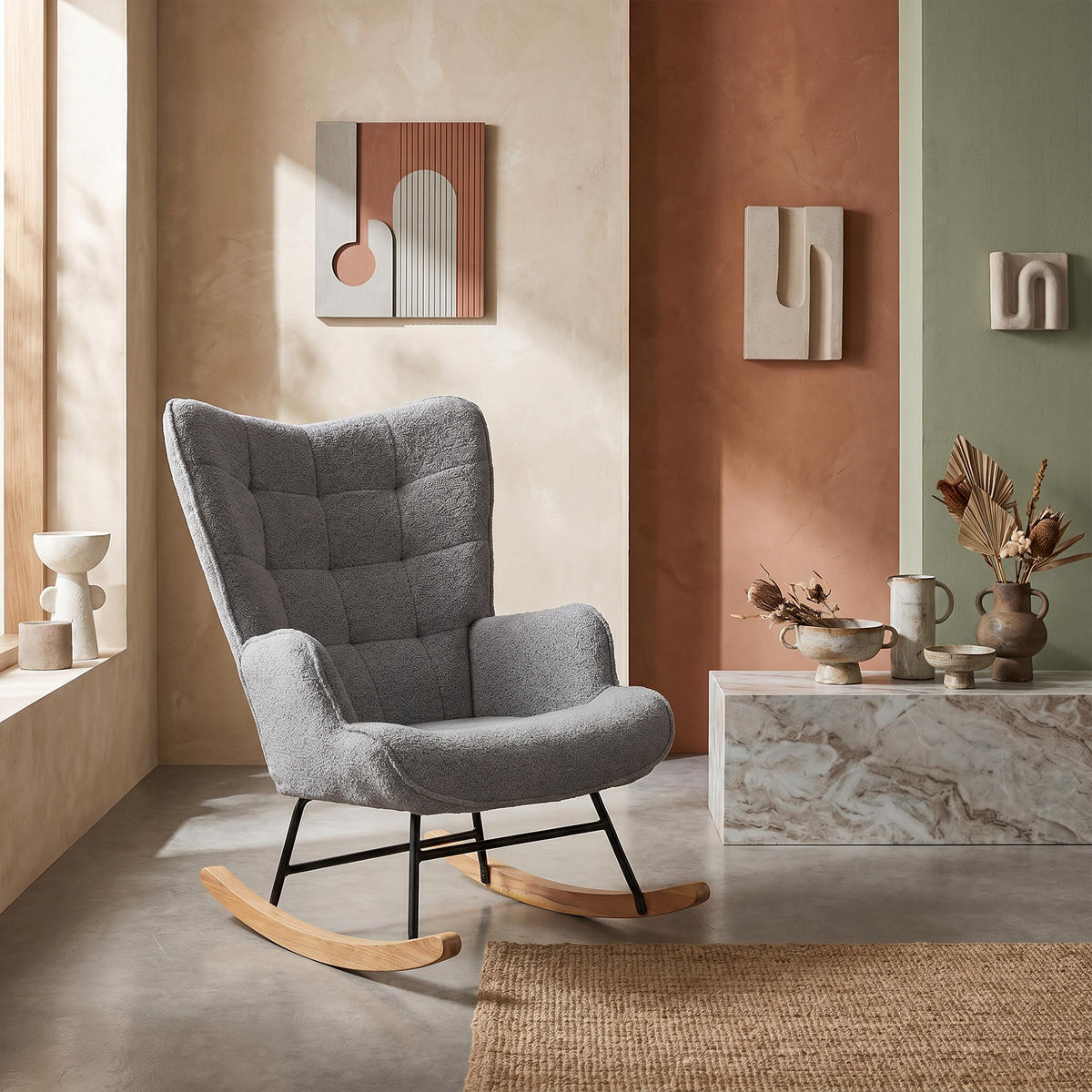 SCHAUKELSTUHL, Entspannend, Teddy-Velours, Belastbarkeit 120 kg, Dunkelgrau - Dunkelgrau/Kieferfarben, Holz/Textil (68/92/75cm) - GENKI LIVING
