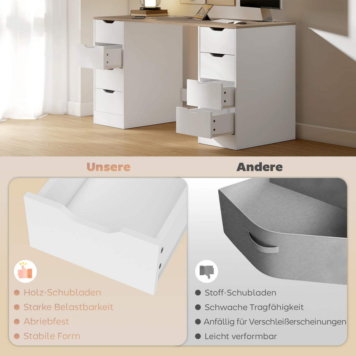 SCHREIBTISCH mit 8 Schubladen Moderner Bürotisch 140 x 53 x 75 cm Weiß - Weiß, Holzwerkstoff (140/53/75cm) - HOMCOM