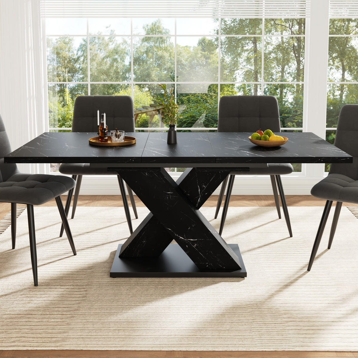 ESSTISCH aus MDF 119,5/159x80x75 cm Schwarz in Marmoroptik, ausziehbar mit X-Gestell - Schwarz, Holzwerkstoff (119/80/75cm) - Modfu