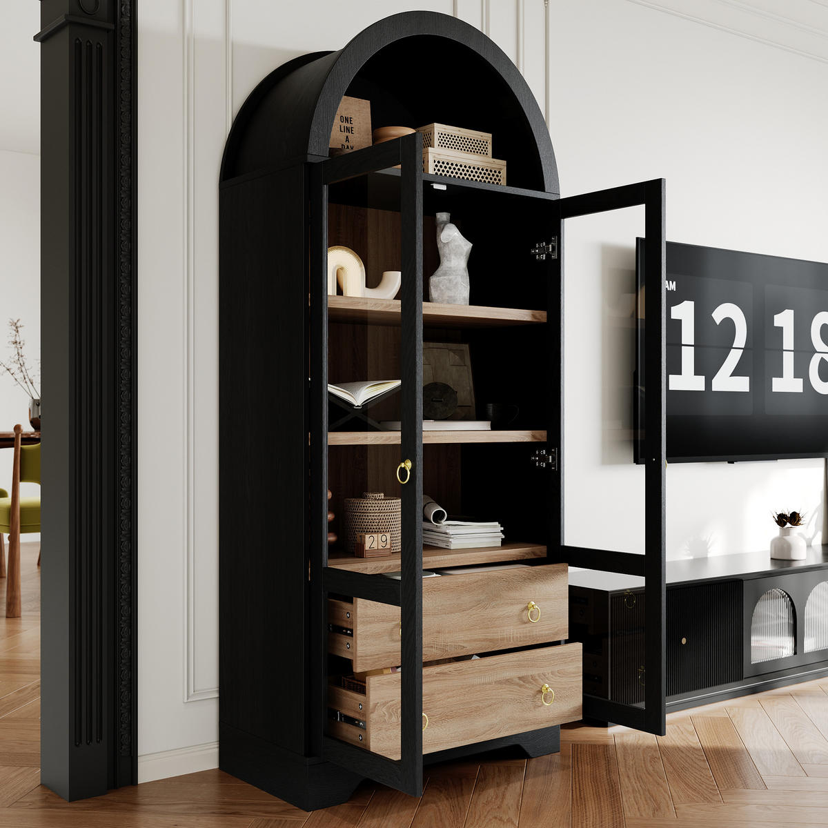 HIGHBOARD DE-38324 76/40/180 cm mit transparentem Glas und 2 Schubladen Schwarz - Schwarz, Holzwerkstoff (76.2/180/40.1cm) - ComfortXL