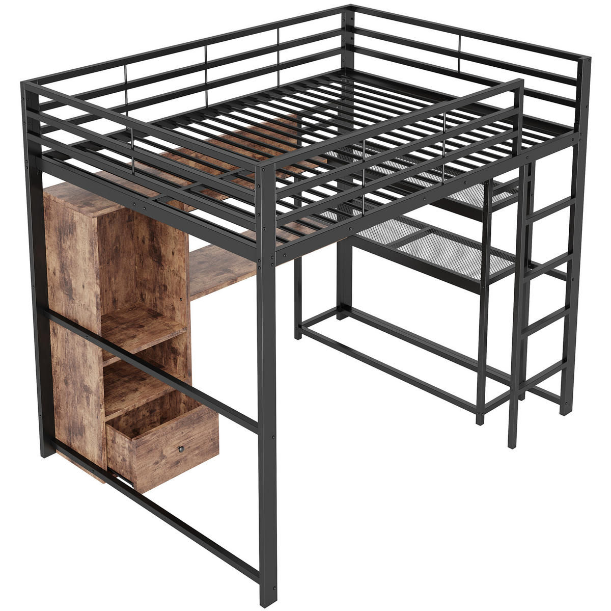 HOCHBETT aus Metall und MDF 140x200 cm Schwarz mit LED-Beleuchtung, Schreibtisch, Regal und Schublade - Schwarz, Holzwerkstoff (90/200cm) - Modfu
